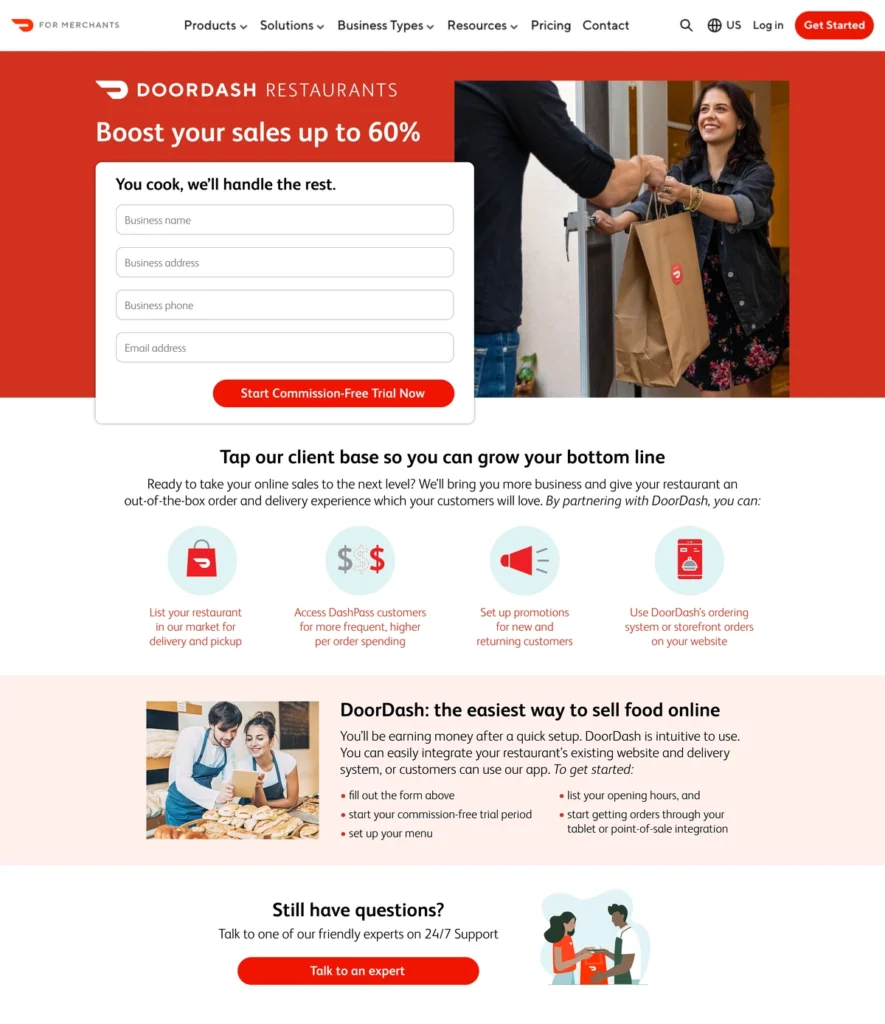 DoorDash restaurant sign-up landing page