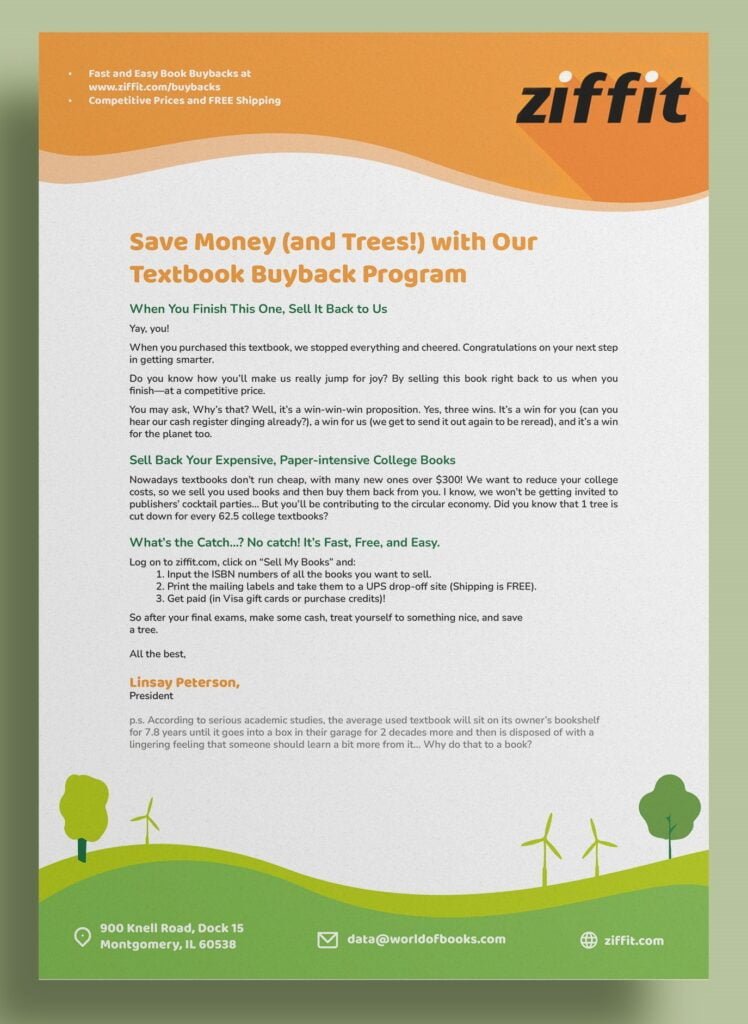 Ziffit.com textbook buyback sales letter - Brent Miller Copywriting, Ikuui Diseño Gráfico.